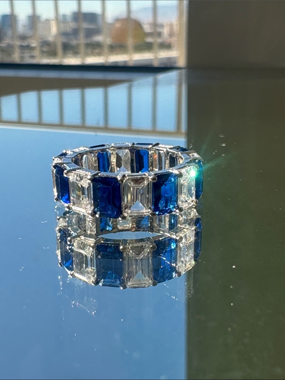 Sterling Silver Blue Clear CZ Baguette Eternity Band Statement Ring